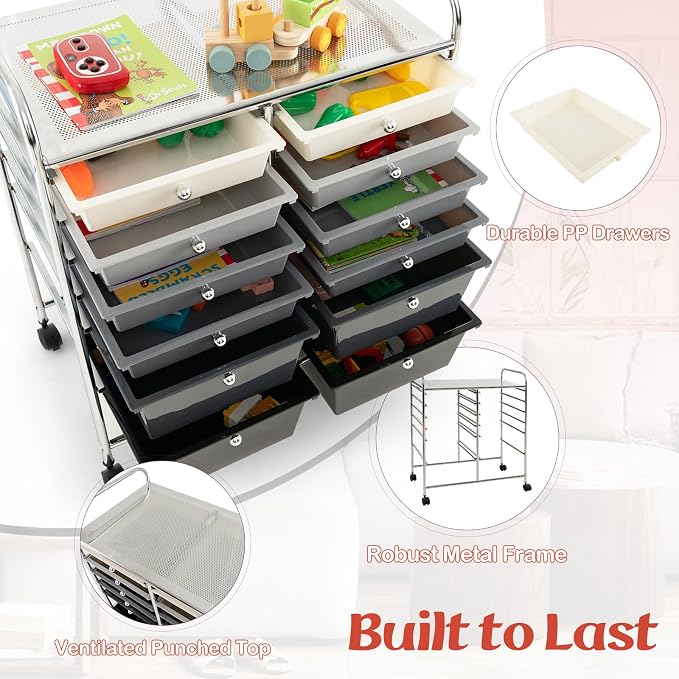 12 Drawer Rolling Storage Cart, Craft Cart Organizer on Wheels w/Metal Frame, Large Capacity & Smooth Drawer, Rolling Cart w/Drawers for Classroom, Office