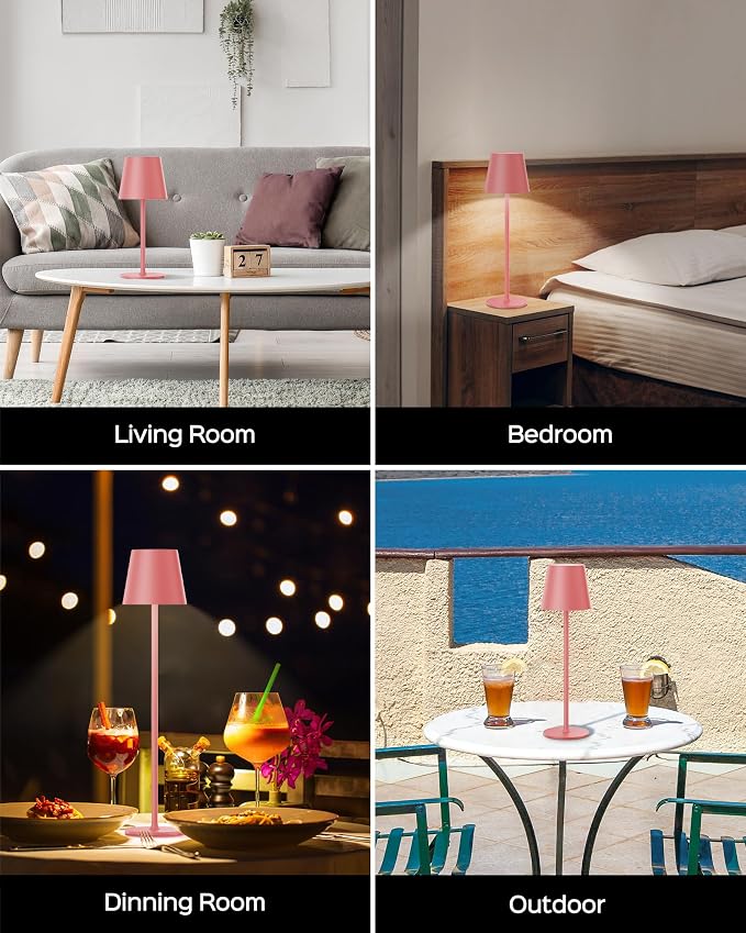 JACKYLED Cordless Table Lamps Rechargeable, 3 Adjustable Height, 5000Capactiy Opwer Operated, 3 Colors Smooth Dimming, Portable LED Waterproof Table Lamp for Dining, Bedroom, Outdoor ((2 Pack Pink)
