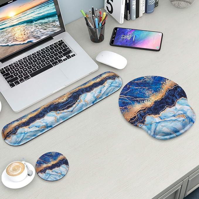 Mouse Pad and Keyboard Wrist Rest Support,Ergonomic Mouse Pad Set | Mousepad With Coaster and Non-Slip PU Base,Pain Relief for Desk Desktop Gaming, Computer,Office -Beach