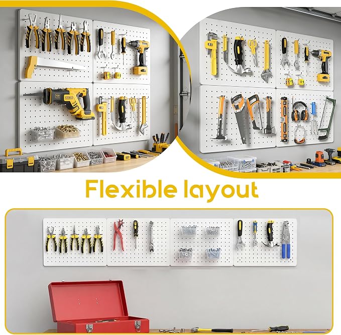 Peg board, Metal Pegboard for Tools, 8 Pack White Wall Organizer with Hooks | 12"x16" steel panels with 36 hooks, 6 bins and peg locks for garage tools, kitchen, office and craft storage