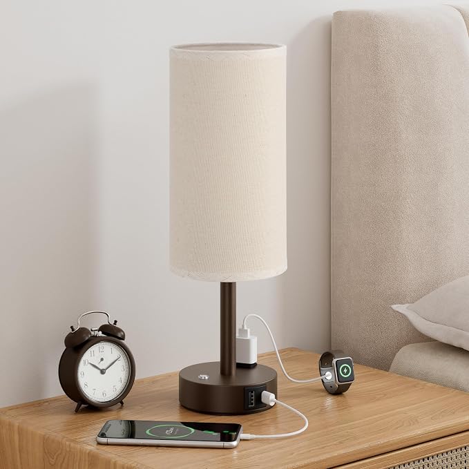 Brown Touch Bedside Lamp for Bedroom, Stepless Dimmable, USB A+C, AC Outlet | Base Touch Button Only, Memory Brightness, Ultra-dim Night Light, Included Bulb for Optimal Dimming, Beige Fabric Shade, Desk