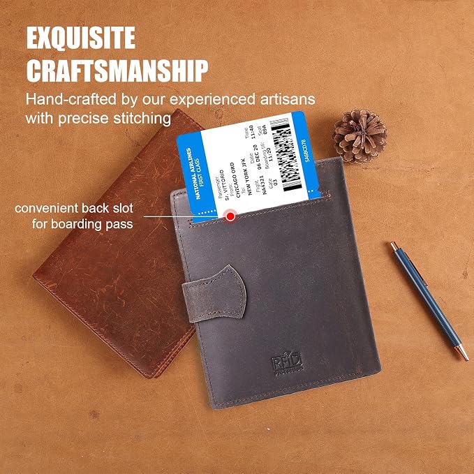 Vitus Full Grain Leather Passport Wallet, Travel Document Organizer with RFID Blocking, Dual Passport Slots, Dual Cash Pockets, Multiple Card Holders, a 60-Page Travel Notebook & Pen Included