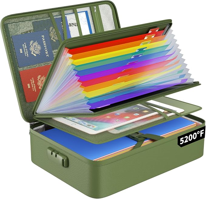 ENGPOW Fireproof File Organizer Bag with 13 Pockets Accordion File Folder | 5200℉ Document Organizer Box with Lock & Labels, Multi-Layer, Portable Home Safe Storage for Important Documents, Green