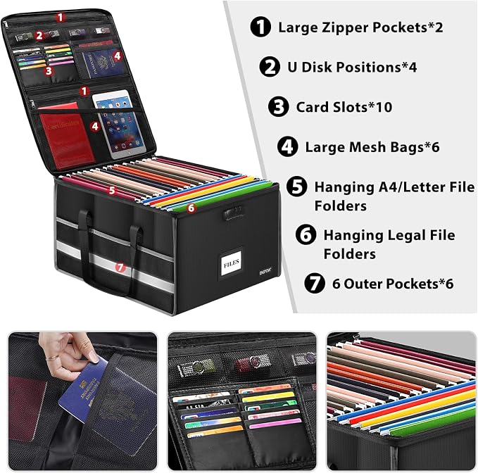 ENGPOW Fireproof Document Box with Lock, File Storage Organizer Box with Inserts ＆Mesh Pockets, Collapsible Portable Large Filing Cabinet Safe for Hanging Both Letter and Legal Folders(19"x16"x11")