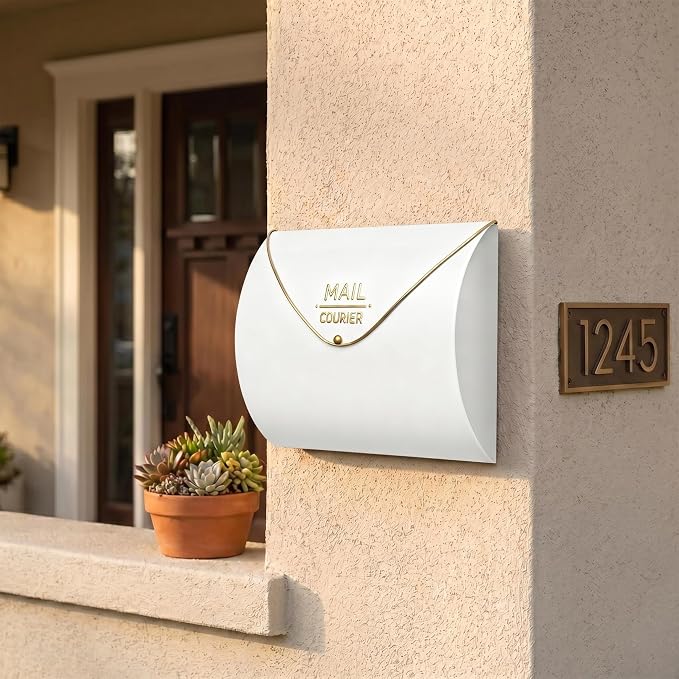 White Wall Mount Mailbox for Outside,Waterproof Metal Mailboxes with Rust-Proof Galvanized Steel,Large Capacity Envelope Mailbox for House,12.99 x 10.35 x 3.5 Inch