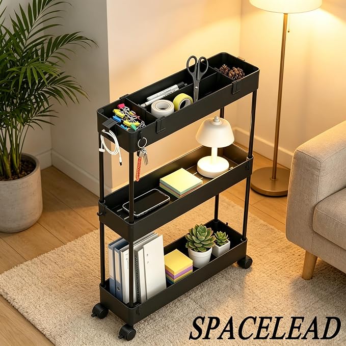 Slim Storage Cart 3 Tier,Bathroom Organizer Rolling Utility,Mobile Shelving Unit Slide Out for Office, Kitchen, Laundry Room & Narrow Places,Black