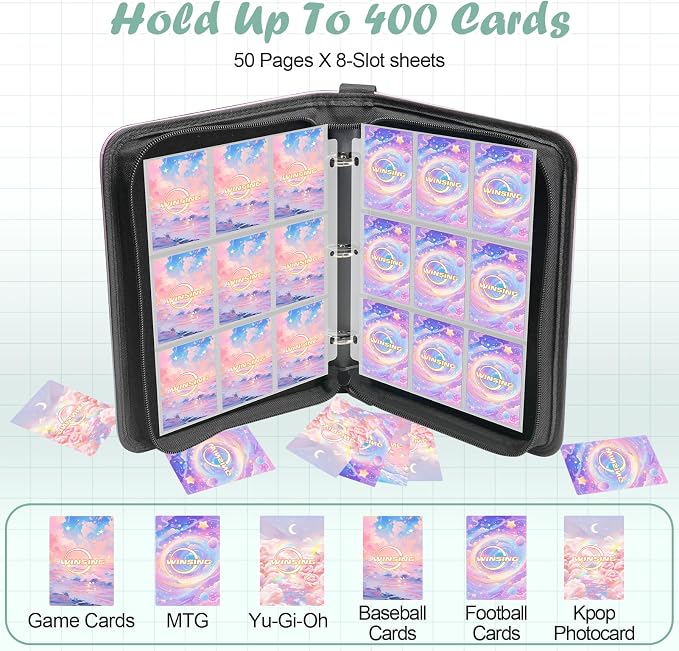 Card Binder 4 Pocket, 400 Pockets Card Holder Compatible with Game Cards Gift for Girls, Trading Card Binder Album Case Book Storage For Photocards, Small,Pink
