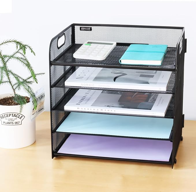5 Trays Paper Organizer Letter Tray with Handle-Mesh Desk File Holders, Paper Sorter Desk Organizer for Office, Home, Classroom or School