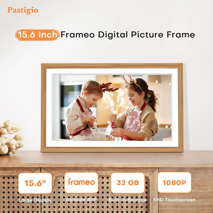 Frameo Digital Picture Frame, Frameo 15.6 Inch Large Digital Photo Frame WiFi, 1920 * 1080 IPS FHD Touchscreen, 32GB, Wall-Mounted, Share Video Picture, Electronic Frame, Mom Gifts, Natural Woodgrain