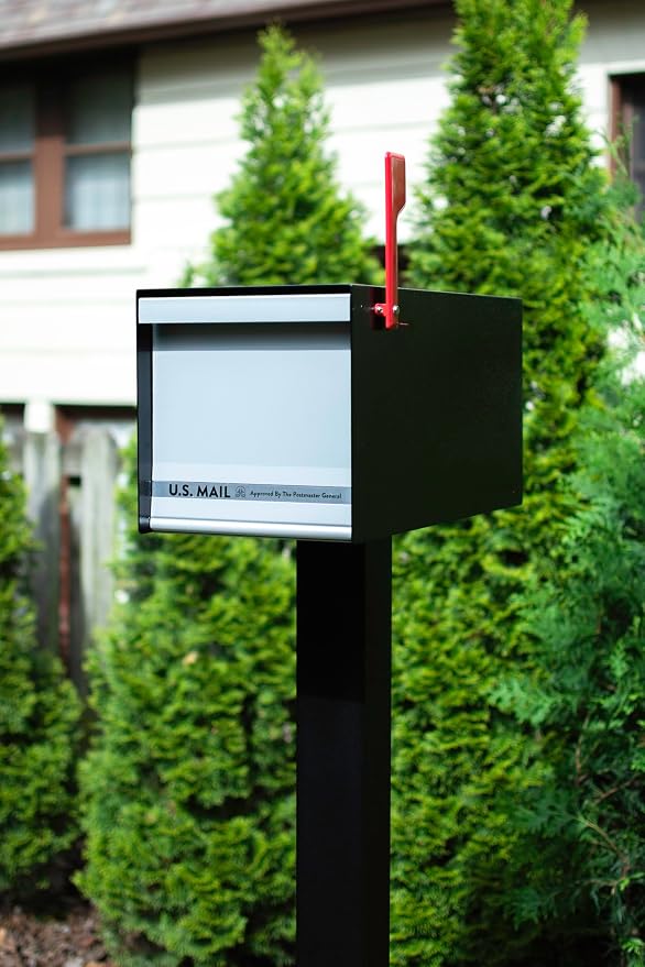 Architectural Mailboxes MailMax Post Mount Mailbox, Black, Large | Modern galvanized steel and aluminum build with rust-resistant powder-coat finish and a magnetic door closure. USPS approved.