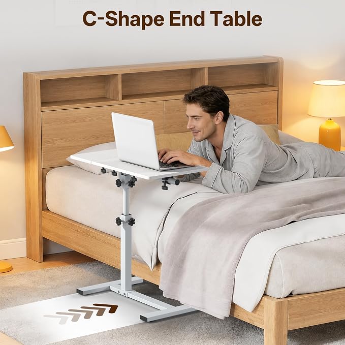 Overbed Table with Wheels Rolling, Adjustable Mobile Bedside Desk | Flip-Top, Laptop Table, C Shaped End Side Table for Couch, Sofa, Bed, Recliner and Home Use, Large White