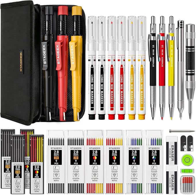 STAGEEK 38 Pack Carpenter Pencils Set With 108 Refills | Construction Pencil, Deep Hole Long-Nib Marker Pens, Automatic Center Punch and Carbide Scribe Tool for Woodworking with Case