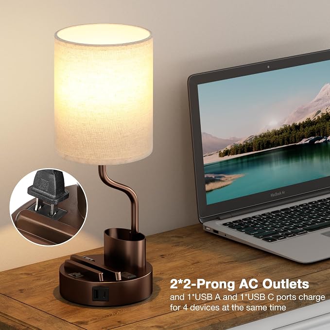 Bedside Lamps for Bedroom Set of 2 - Table Desk Lamp for Nightstand | 15" Table Lamp for Living Room with Pen Holder & Phone Stand, USB A+C Port, AC Outlet, 3 Color Temperature, LED Bulb Included