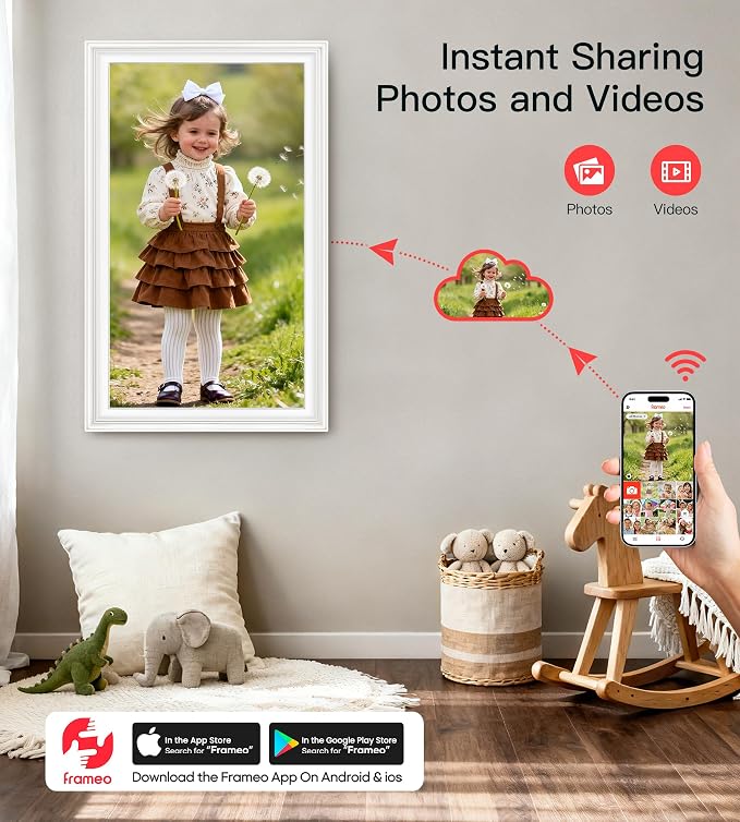 64GB Frameo 15.6" Digital Picture Frame Large 1920 x 1080 IPS FHD Touch Screen WiFi Electronic Photo Frames Share Moments Instantly Anywhere Best Gifts for Parents and Grandparents White