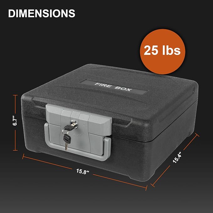 Fireproof and Waterproof Safe, fire safe document box with Sensor light, Portable Lock Box with Key Lock and Ergonomic Handle, 1 Hour at 1700°F, 72 Hours Waterproof