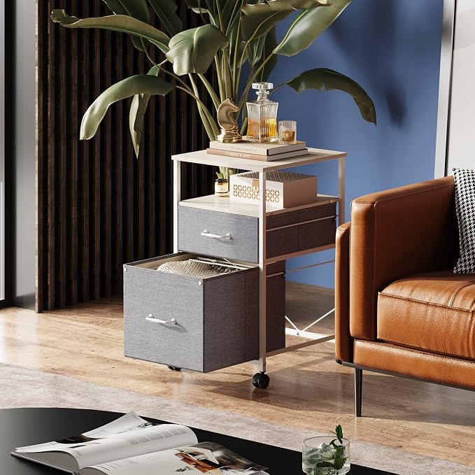 DEVAISE 2 Drawer Mobile File Cabinet with Open Storage Shelf | Rolling Printer Stand, Fabric Vertical Filing Cabinet fits A4 or Letter Size for Home Office, Light Grey