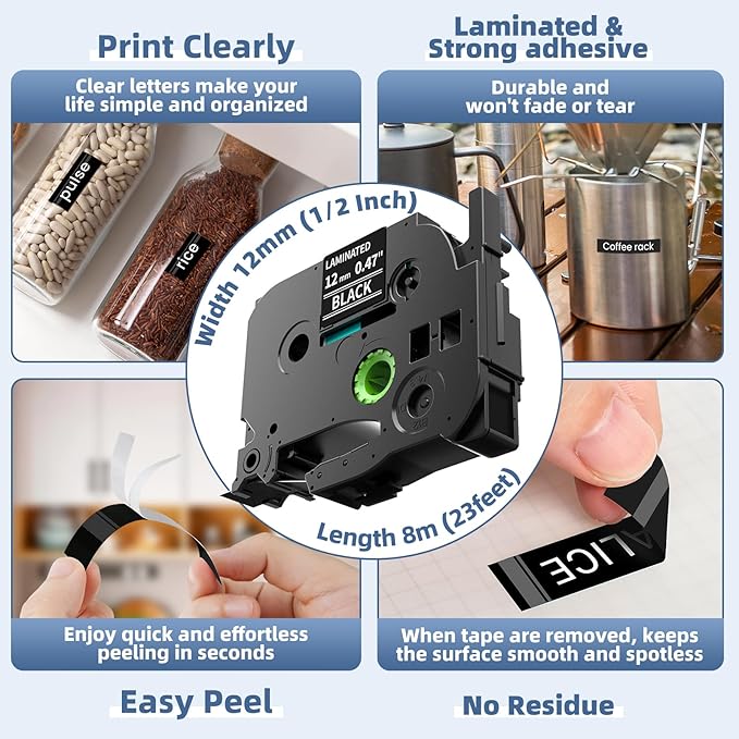 Label Maker Tape Refill Compatible with Brother TZe-335 TZe335 Label Tape TZe TZ Tape 12mm 0.47 Laminated White on Black for PT-D210 D220 H110 D410 P710BT H111 1070 1880, 5-Pack