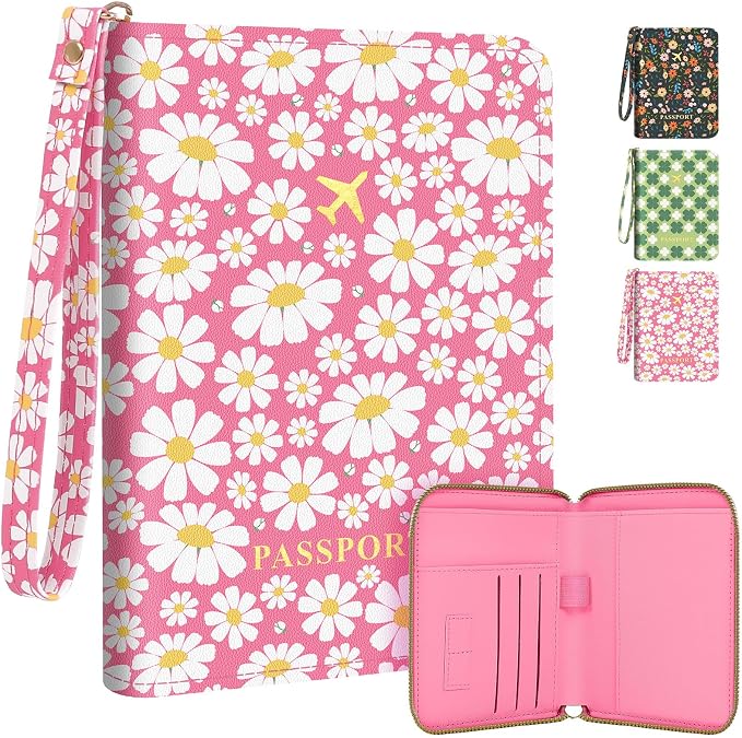 KONVINIT Pink Floral Passport Holder For Travel, Passport Cover For Women | Leather RFID Blocking Passport Holder, Cute Passport Wallet with Zipper Closure, Passport Case for Women and Men
