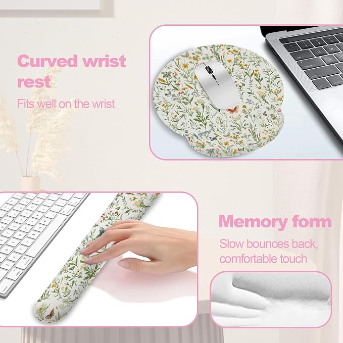 Wildflowers Butterfly Mouse Pad with Wrist Rest and Keyboard Wrist Rest Set, Vintage Garden Plants Herb Flower Non-Slip Rubber Base Memory Foam Mouse Pad Set for Women, Office Desk Accessories, Gaming