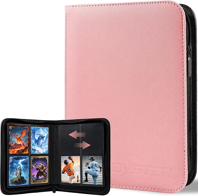 BYSTER 4 Pocket Card Binder, Premium PU Trading Card Binder with Zipper, 160 Capacity Side-Loading Binder for TCG, MTG, Sports Cards, Game Cards, Pink