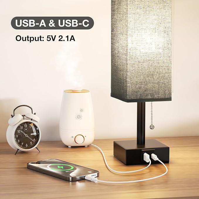 Black Small Table Lamp for Bedroom - 3 Color Temperature 3000K 5000K 4000K Bedside Lamp, Pull Chain Control, USB A and C Charging Ports, Black Base, for Kids Office Dorm Nightstand, Bulb Included | Pull Chain Lamp, 3 Color Modes(3000K/4000K/5000K), E26...