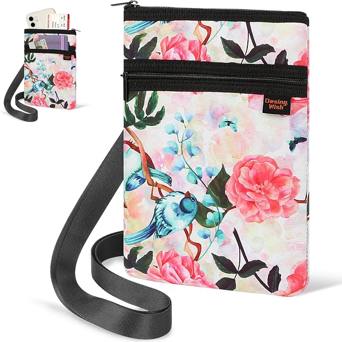 Neoprene Passport Holder Bag for Men Women Passport Pouch for Family Travel with Adjustable Shoulder Strap Travel Passport Case Bag - Rose