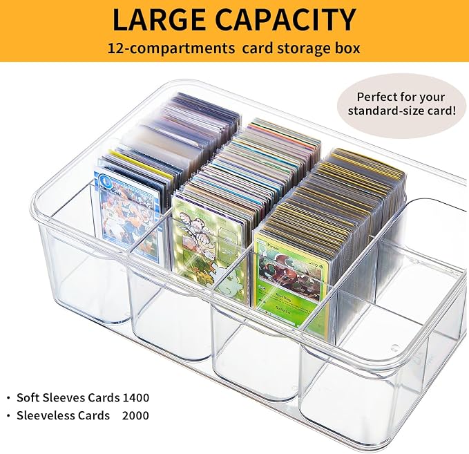 Portable Card storage box with 12 Removable Containers,Storage Box with lid for 2000+ Cards Fits for Standard Cards, TCG, PTG and Sport Cards, with 10 Soft Sleeves(clear,1pack)