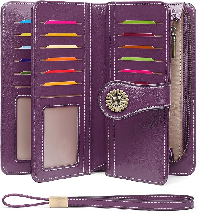 SENDEFN Wallets for Women Leather Credit Card Holder with RFID Blocking Large Capacity Wristlet | with RFID Blocking