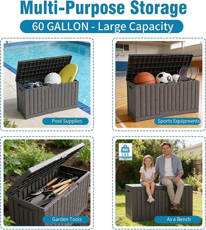 Outdoor Storage Box, 60 Gallon Waterproof Deck Box, Lockable Storage Container, Built-in Reinforcing Metal Rod Outside Resin Bin for Patio, Garden, Poolside and Garage