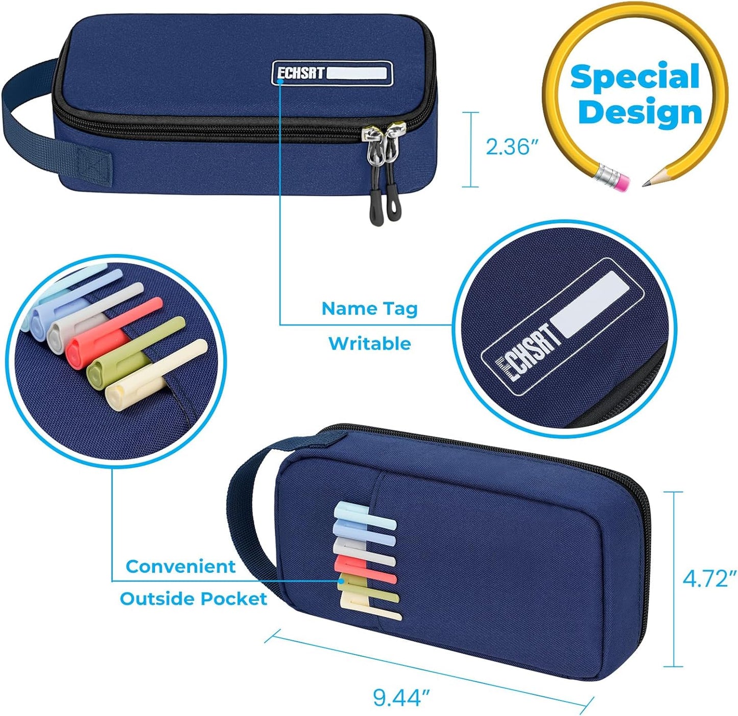 ECHSRT Big Pencil Case, Aesthetic Portable Zipper Pencil Bag with Hidden Pocket, Special Pouch for Men Women Adults, Stationery Organizer Pen Cases for Office Travel, Blue
