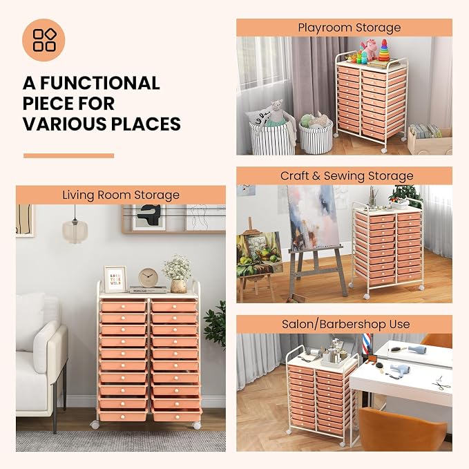 COSTWAY 20-Drawer Rolling Storage Cart, Utility Storage Organizer Cart | For Tools, Scrapbook, Paper, Craft, Multipurpose Storage Trolley on Wheels for Home Office School (Peach)