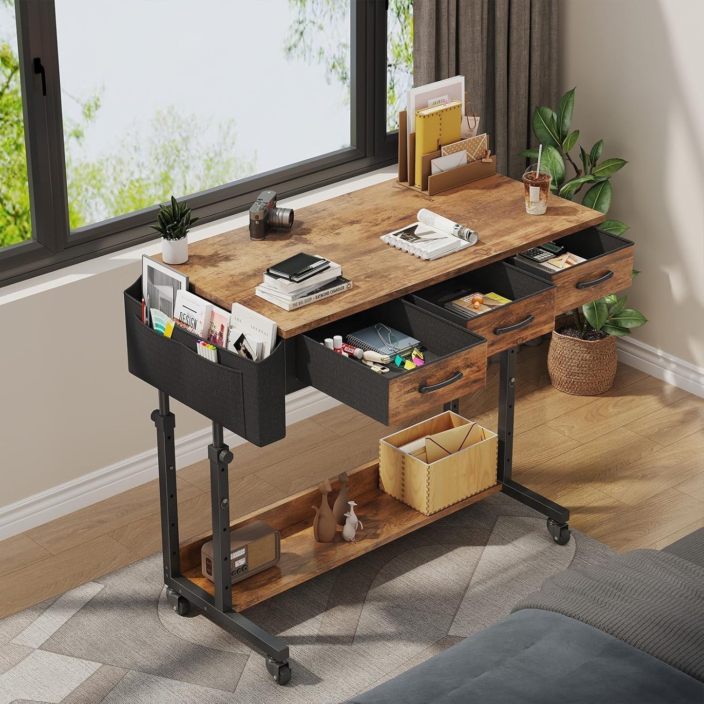 Rolling Standing Desk Adjustable Height with Drawers on Wheels, 40 Inch Portable Mobile Stand Up Computer Desks for Bedroom Home Office, Couch Sofa Side Laptop Table with Storage, Rustic Brown
