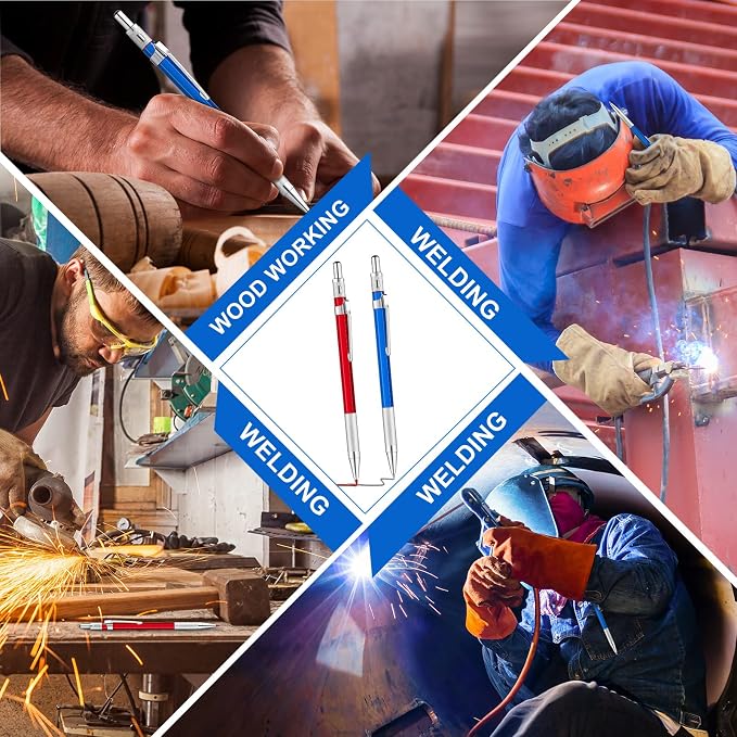 Gersoniel 2 Pcs Welders Pencil with 48 PCS Round Refills Mechanical Pencils Metal Welding Marker for Tube Pipe Fitter Welder Steel Construction Woodworking (Red, Silver, Yellow)