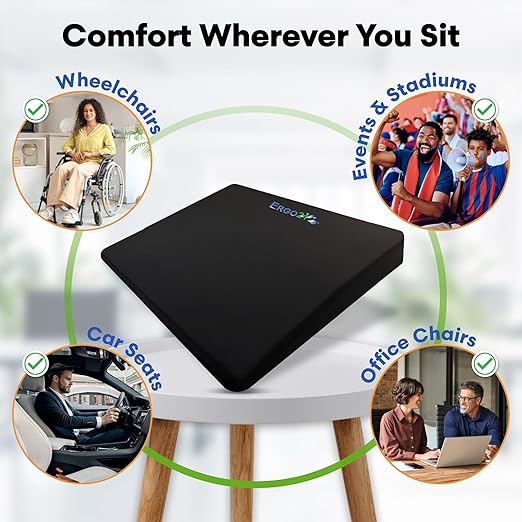 ERGO21 LiquiCell Sports Cushion - 2.5 Inch Thick Seat Pad for Tailbone, Hip & Lower Back Pain Relief - Ergonomic Comfort for Car, Office, Stadium & Wheelchairs- Better Than Gel, Foam or Air