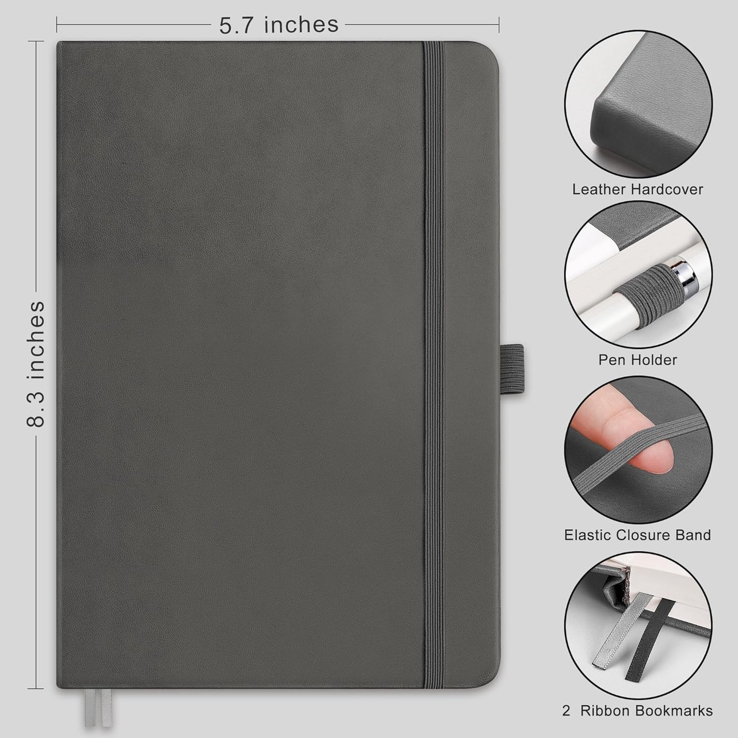 RETTACY Bullet Dotted Journal Notebook, 192 Pages, A5 Medium Size (5.7'' x 8.3''), Leather Hardcover, 100 GSM Thick Paper, for Bullet Journaling, Planning, Tracking (Gray)