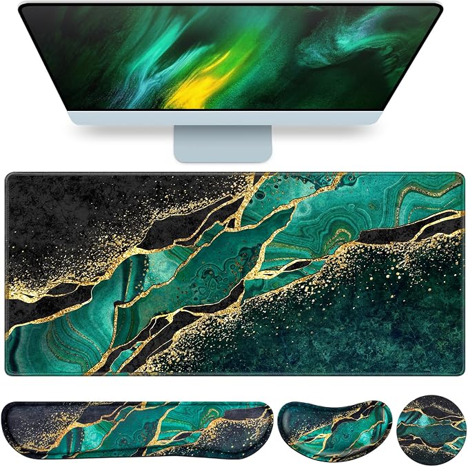Mouse Pad Green, Desk Mat, Large Gaming Mouse Pad with Wrist Rest 4in1 XXL | Mousepad Keyboard Wrist Rest+Mouse Pad Wrist Support+Cup Coaster Set Ergonomic Computer Desk Pad for Decor Office