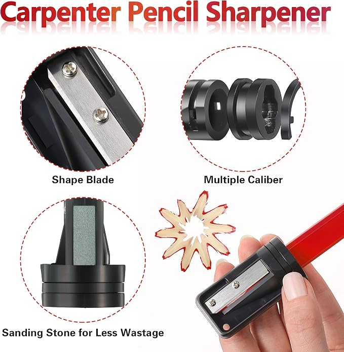 Hohean 14 Pcs Carpenter Pencils, 7 Inches Flat Octagonal Hard Woodworking Construction Pencils Heavy Duty with Pencil Sharpener and Retractable Pull Pen Holder for Contractor Carpentry (Black,Red)