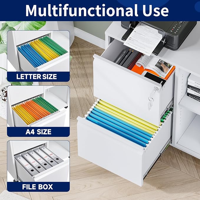 2-Drawer Metal File Cabinet with Lock, Mobile Lateral Filing Cabinet, Printer Stand with Adjustable Storage Shelves for Home Office (White)