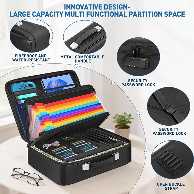 Fireproof Document Box with Combination Lock, Waterproof, Used for Storing Important Files, Certificates, Passport, Portable Travel Safe Hard Case Document Organizer (Black)