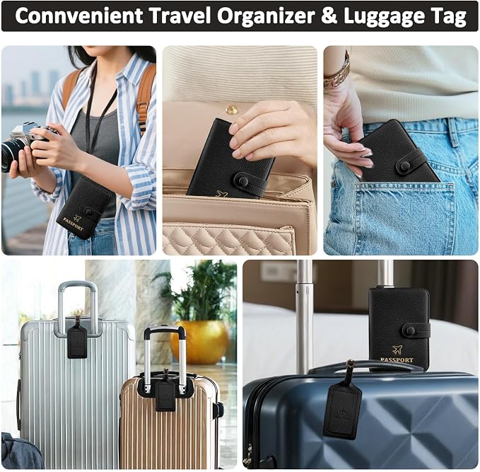 Passport Holder RFID Protected Wallet and Luggage Tag with Protection Cover Travel Accessories Leather Card Case Organizer for Women Men (Black)