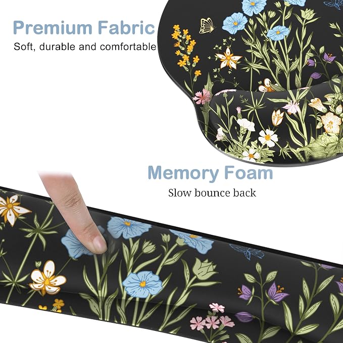 Ergonomic Mouse Pad with Wrist Rest and Keyboard Wrist Rest, Mousepad | Memory Foam Wrist Rest for Computer Keyboard, Pain Relief, Non-Slip Base, Black Mouse Pad Wrist Support for Gaming, Floral
