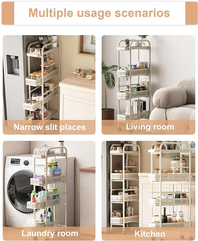 UMDONX 4-Tier Narrow Mobile Storage Cart with Pull-Out Baskets | The Multifunctional Pull-out Storage Rack Is Suitable for Bathrooms, Kitchens, and Laundry Rooms