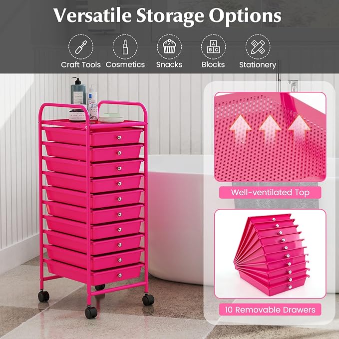 COSTWAY 10-Drawer Rolling Storage Cart, Utility Mobile Trolley | Removable Drawers & Universal Casters & 2 Brakes, Versatile Flexible Drawer Organizer Cart for Home, Office (Hot Pink)