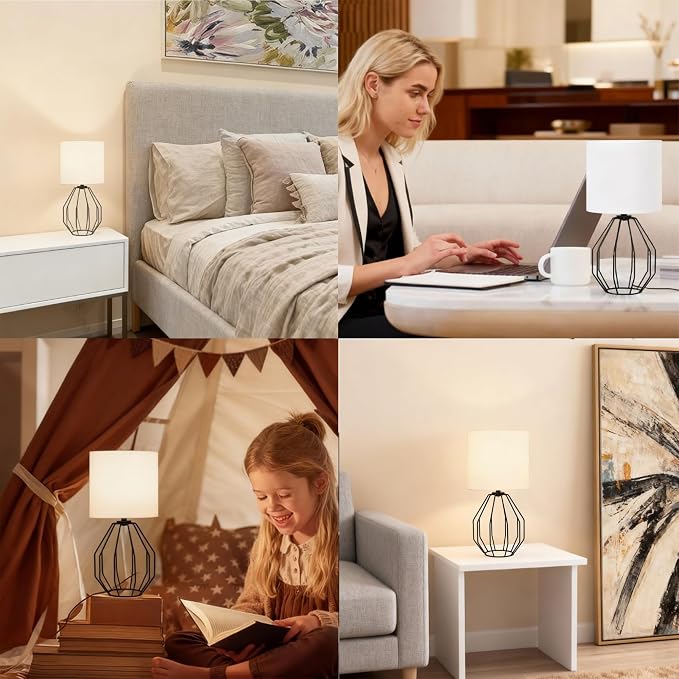 Small Table Lamp Set of 2 Black, Bedside Lamps with Metal Cage & Linen Lampshade, Cute Desk Lamps for Nightstand, Bedroom, Kids Room, Office