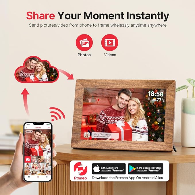 Frameo 10.1" Digital Picture Frame, Smart WiFi Digital Photo Frame with 1280x800 HD IPS Touch Screen 32GB Memory Auto-Rotate Wall Mounted, Share Photos/Videos from Phone Anywhere - Brown