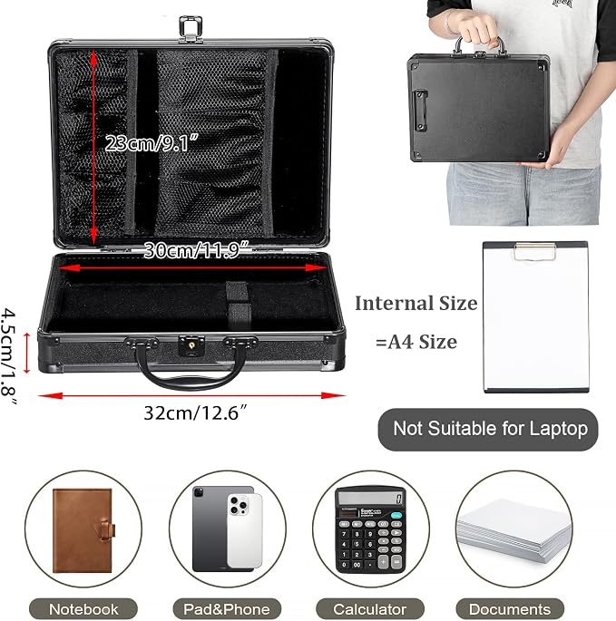 Clipboard Storage Box with Key Lock, Aluminum Case with Metal Clip | 12x9 Inch, Portable Clipboard Case, Small Briefcase, Heavy Duty Metal Paper Organizer, for Office Business Men, Black