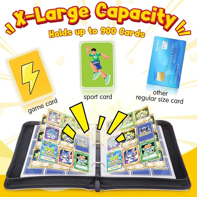 Zippered 9-Pocket Premium PU Card Binder, Double-Sided Display, Holds 900 Cards + 5 Hard Plastic Sleeves for Game & Sports Cards