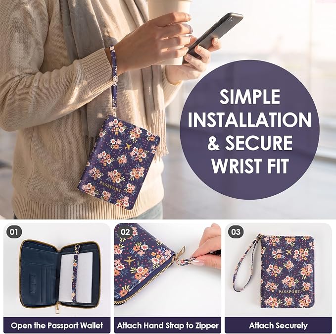 KONVINIT Passport Holder For Travel, RFID Blocking Leather Passport Cover For Travel Accessories, Passport Wallet with Zipper Closure, Cute Passport Book for Women and Men, Navy Blue Flowers