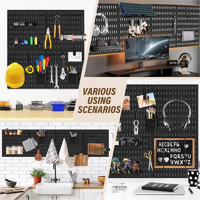 AKTOP Plastic Peg Board Wall Organizer 4-Pack, 12"x12" Pegboard Kit, Black | Includes 13 Accessories, Adhesive or Drill Mounting, Superior Load Capacity, Ideal for Office, Gaming Room, Craft Room