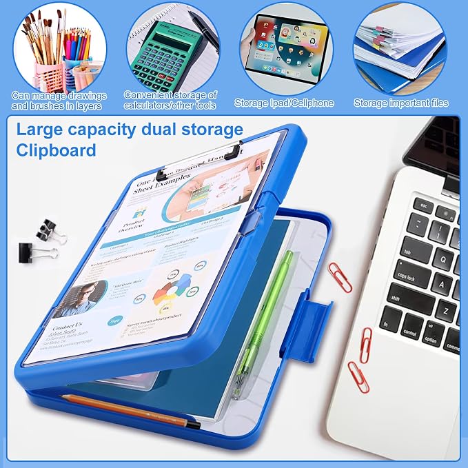 Clipboard with 2 Storage & Pen Holder, Heavy Duty Clip Boards 8.5x11 with Dual Storage, Clearview Dry Erase Coach Clipboard with Clear Visible Top Panel, High Capacity, School Office Supplies
